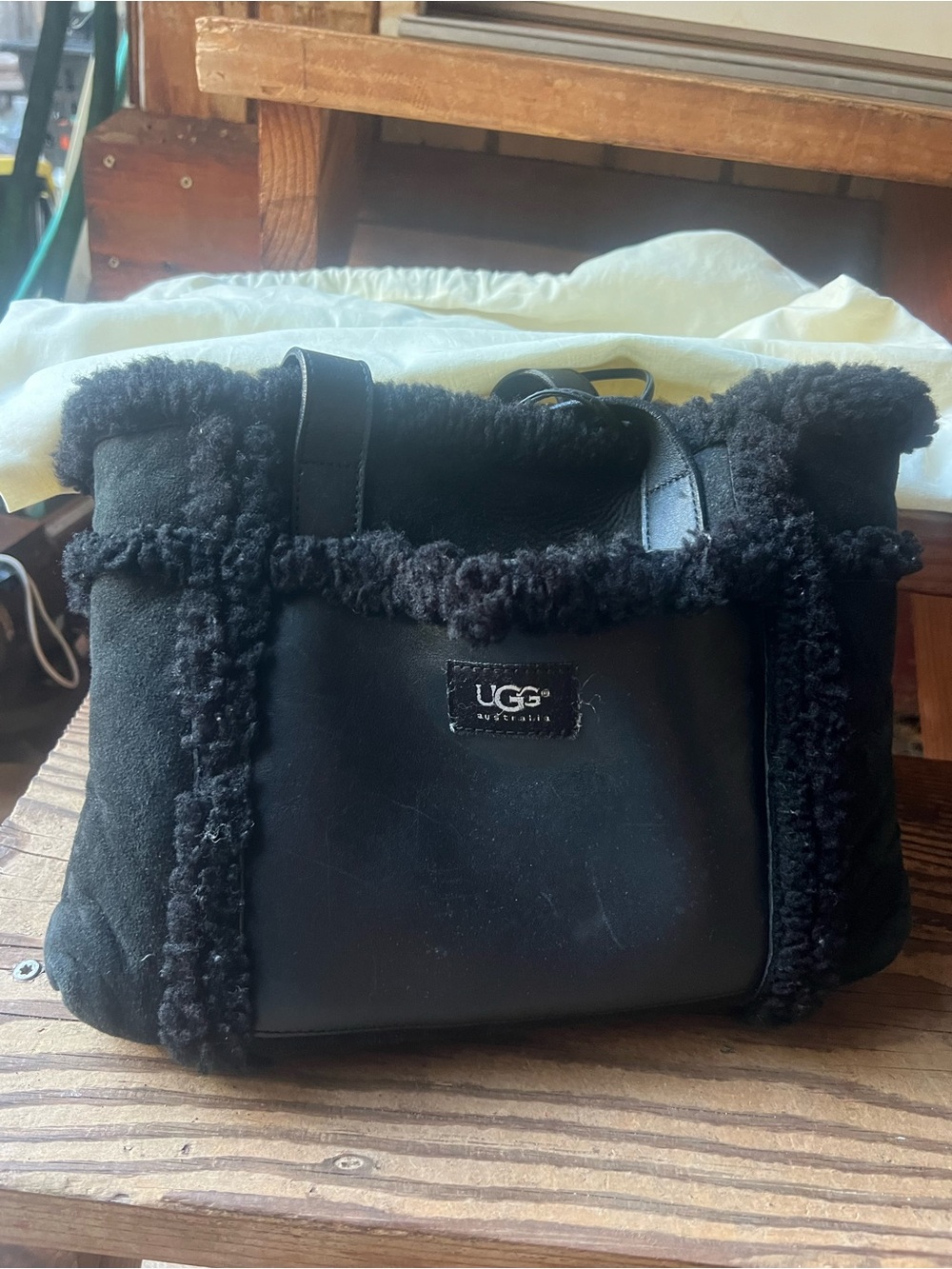 UGG Black Vintage Grab Shearling-Trim Leather Tote Bag
